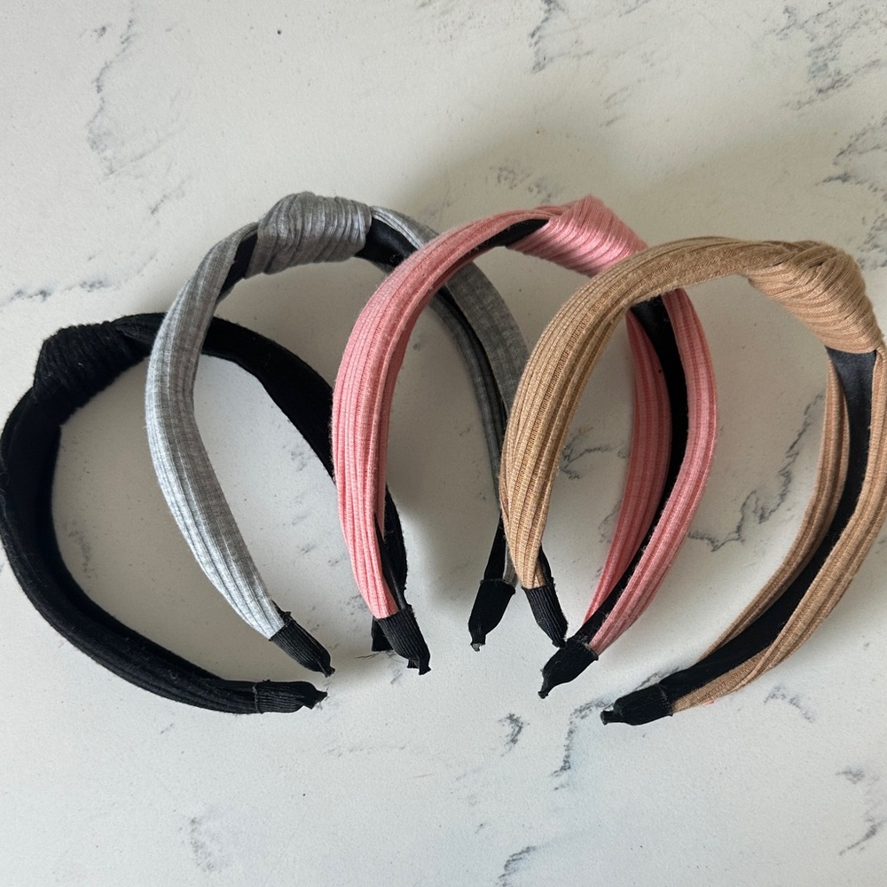 Set of Four Knotted Headbands in Black, Gray, Pink, and Tan